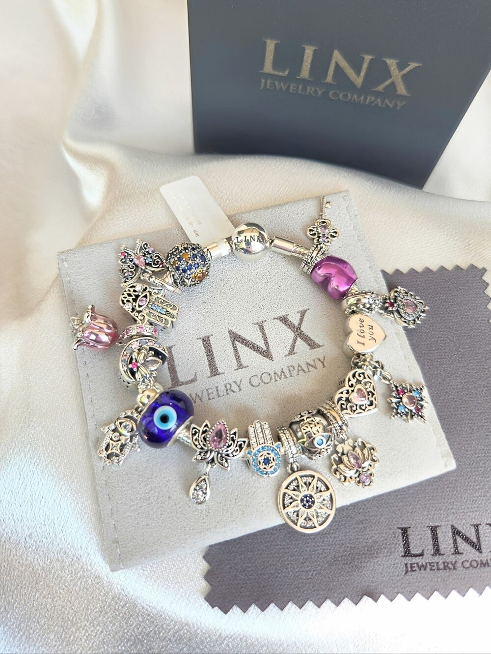 Linx Snake Chain Bracelet with Hamsa Hand & Evil Eye Themed Charms
